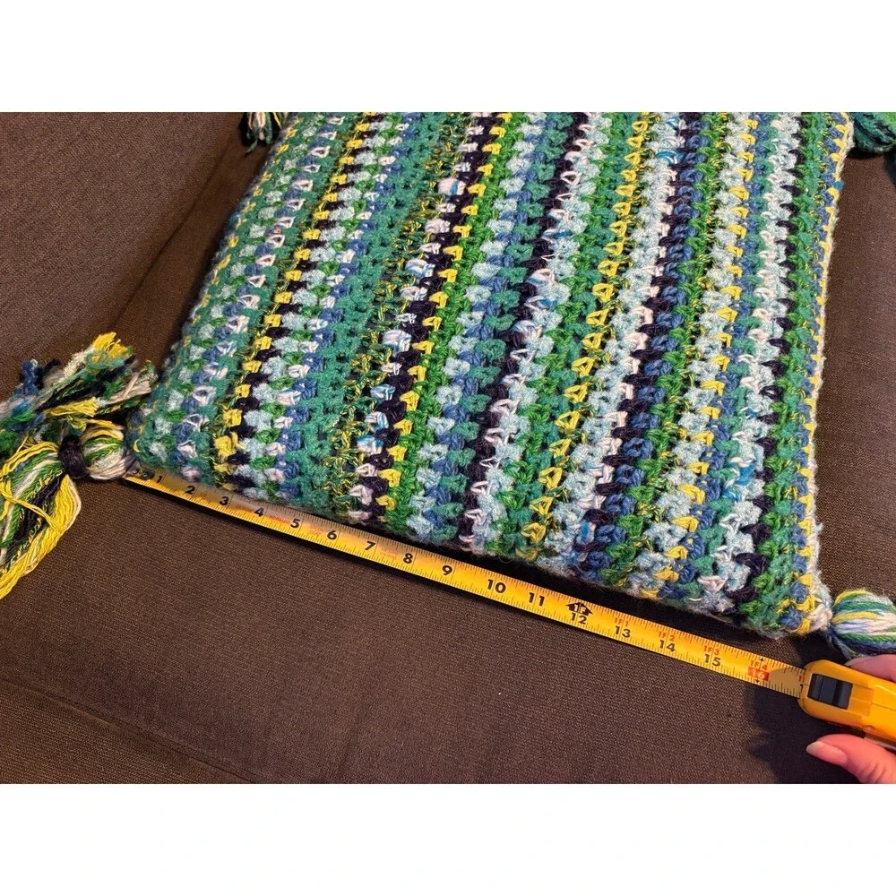 Handmade crochet throw pillow stripes tassels grannycore boho vintage blue green